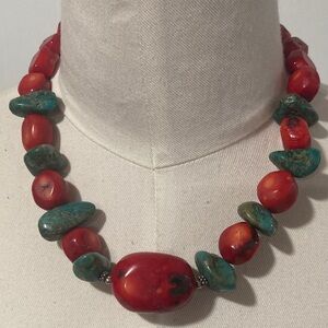 Barse Sterling turquoise red coral necklace 925